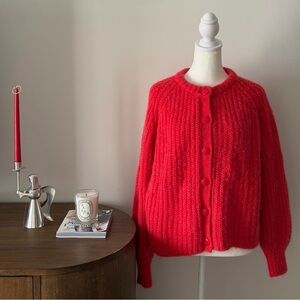 Sezane Bright Red Chunky Button-Front Cardigan
